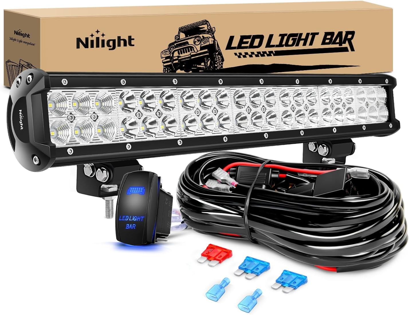 Nilight LED Light Bar 20 Inch 126W Spot Flood Combo Led Off Road Lights 12V 5Pin Rocker Switch LED Light Bar Wiring Harness Kit