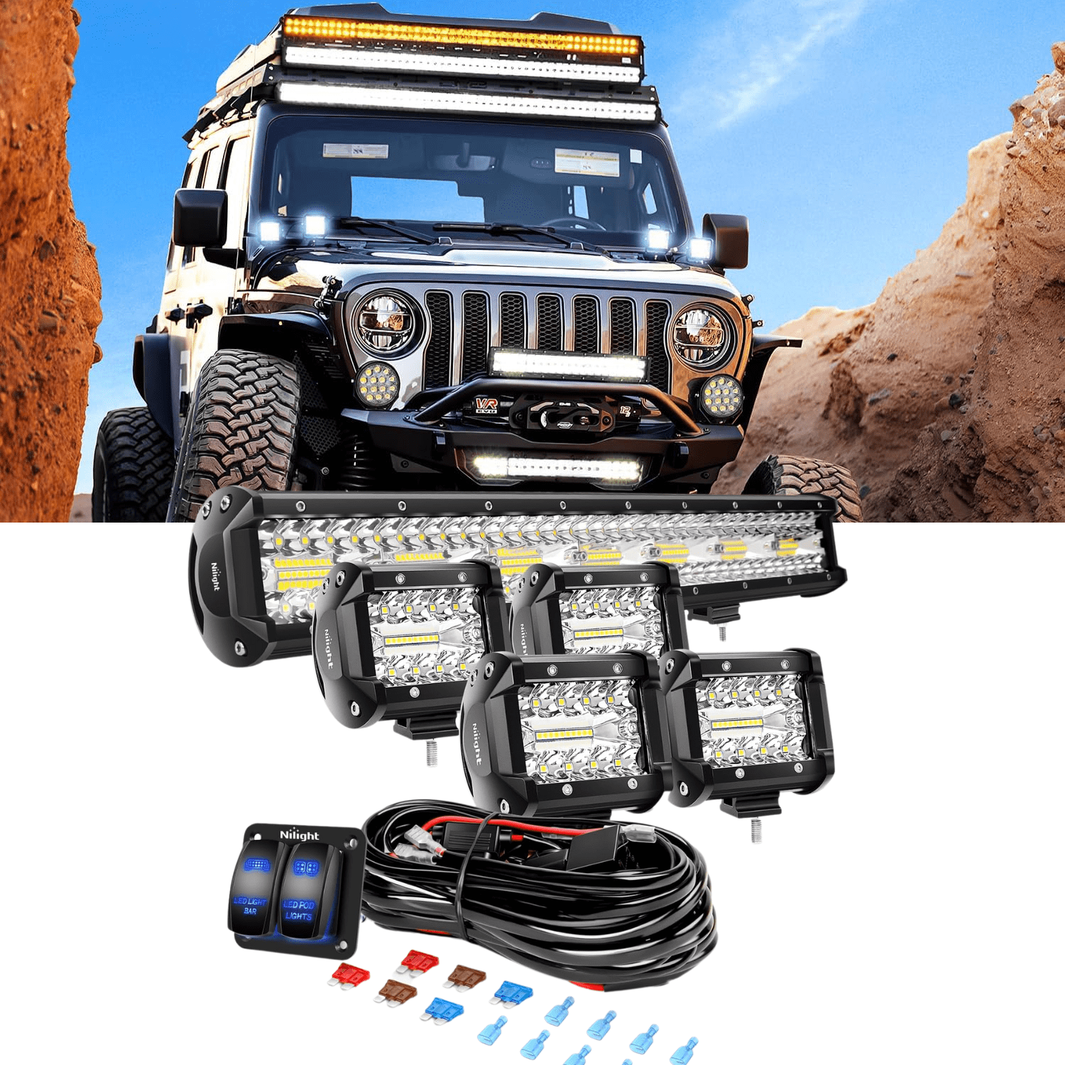 Nilight 20" 420W Triple Row LED Light Bar with 4PCS 4" 60W Cube Pods, Spot Flood Combo Work Driving Lights with 5-Lead Wiring Harness Kit for Trucks Jeeps ATVs UTVs Boats