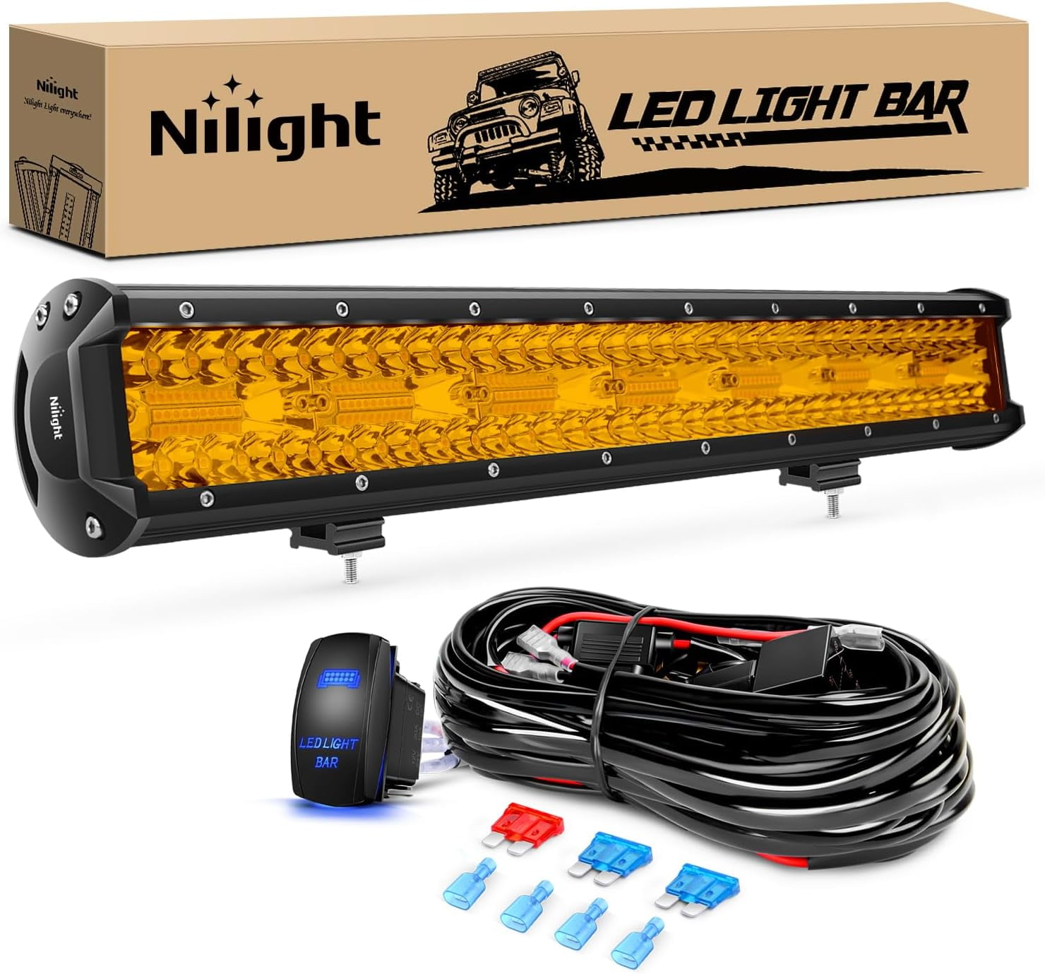 Nilight 20 Inch 420W LED Light Bar Amber Triple Row Flood Spot Combo Driving Boat Led Off Road Lights with 16AWG Wiring Harness Kit-1 Lead, 2 Year Warranty