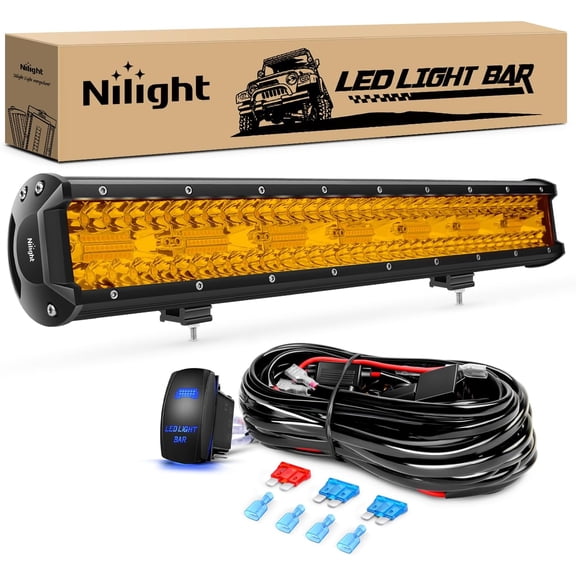Nilight 20 Inch 420W LED Light Bar Amber Triple Row Flood Spot Combo Driving Boat Led Off Road Lights with 16AWG Wiring Harness Kit-1 Lead, 2 Year Warranty