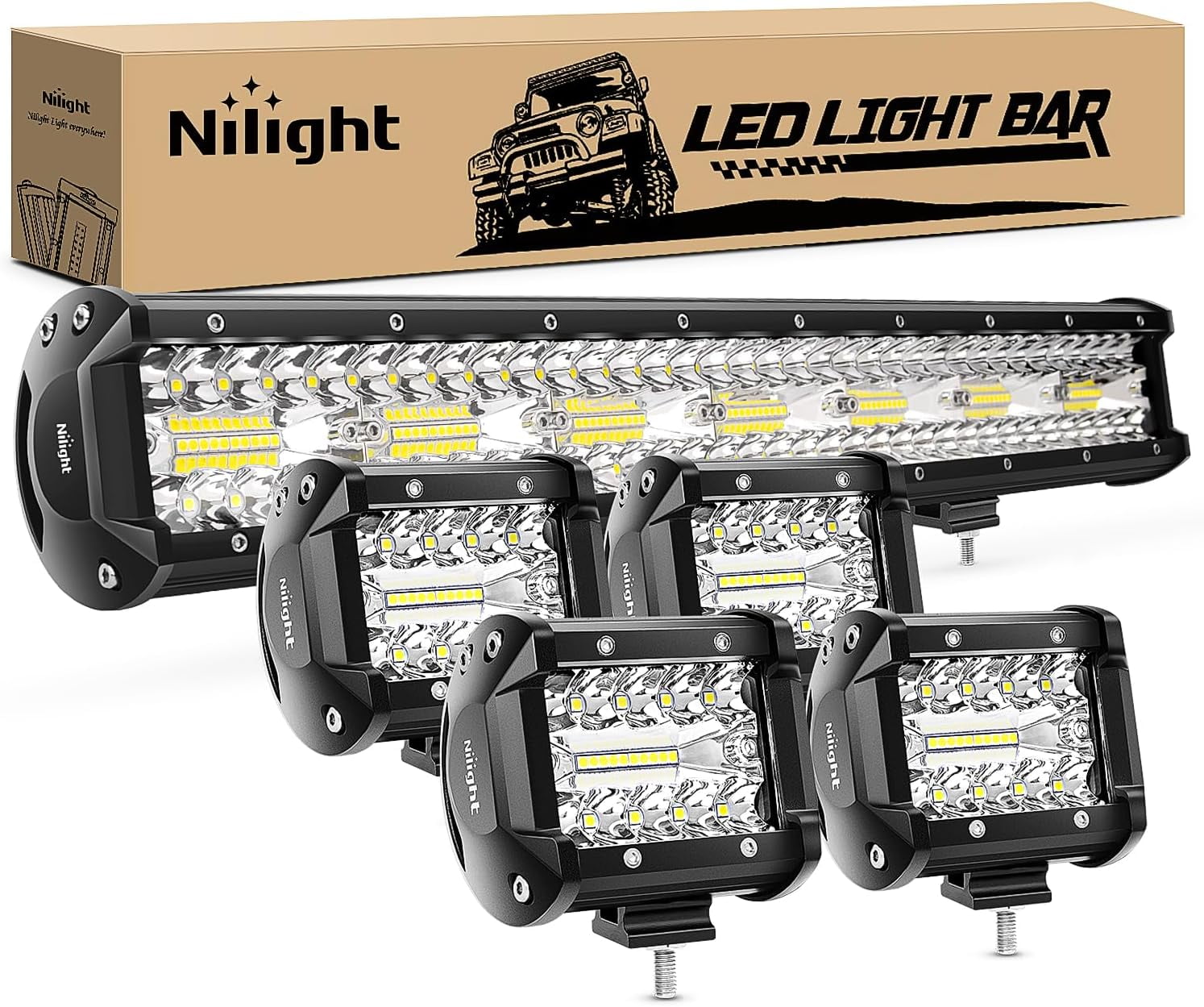 Nilight 20 Inch 420W Triple Row Flood Spot Combo Led Light Bar 4PCS 4Inch 60W LED Pods Driving Boat Lights Led Off Road Trucks Lights Black