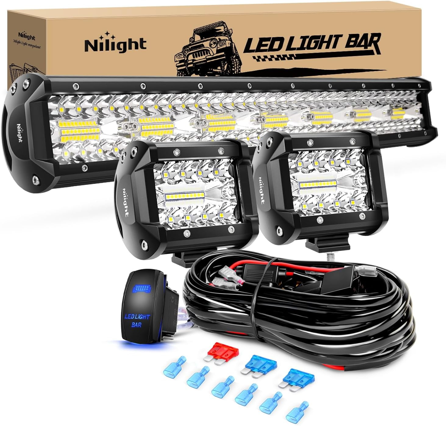 Nilight 20 Inch 420W Triple Row Spot Flood Combo 2 PCS 4 inch 60W Led Pods Flood Boat Lights Driving Fog Lights Work Light for Trucks with 16AWG Off Road Wiring Harness- 3 Leads
