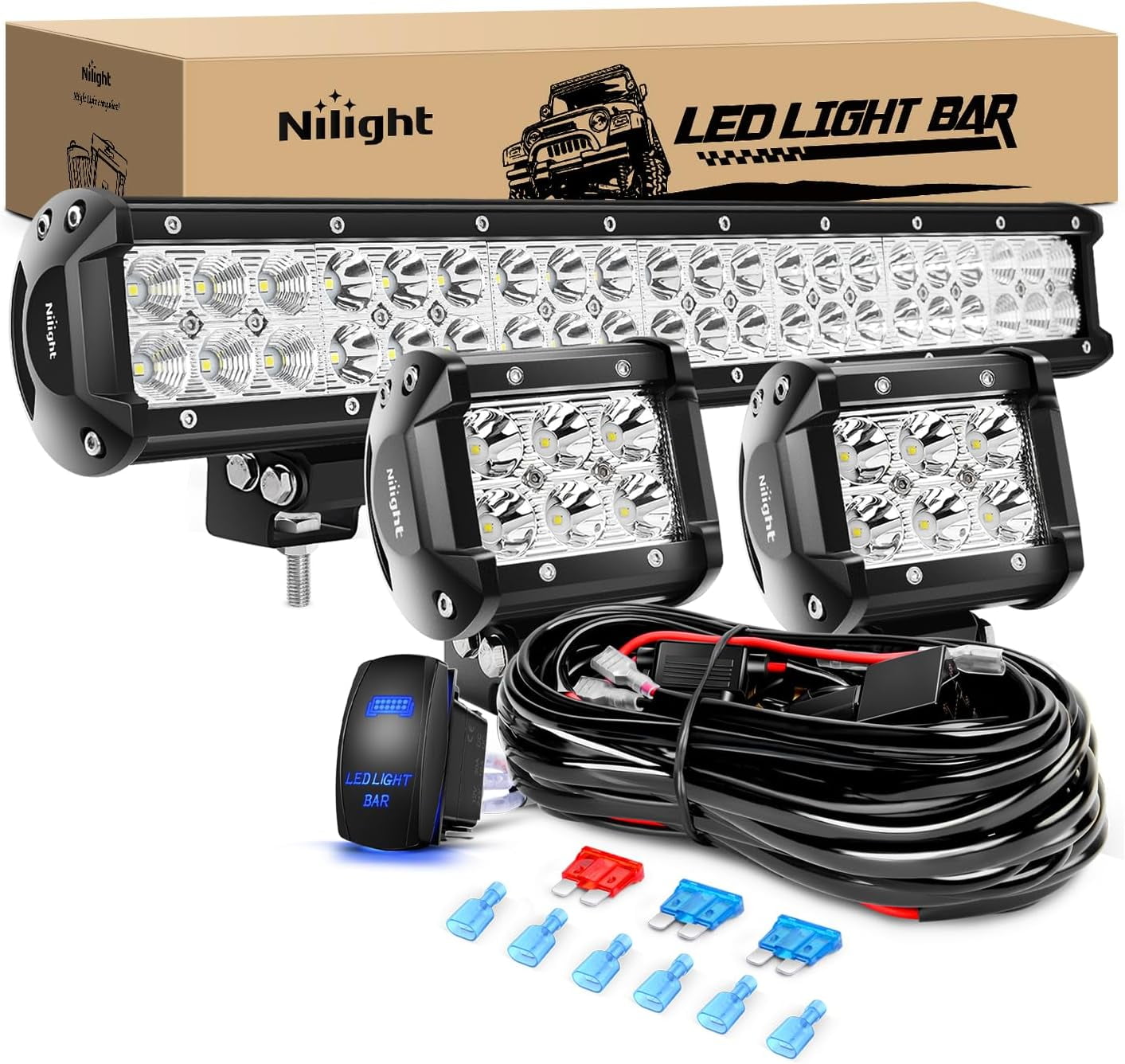 Nilight 20 Inch126W Led Light Bar Spot Flood Combo 2PCS 4 Inch 18W Led Pods Flood Boat Lights Driving Fog Lights Work Light for Trucks With 16AWG Off Road Wiring Harness- 3 Leads