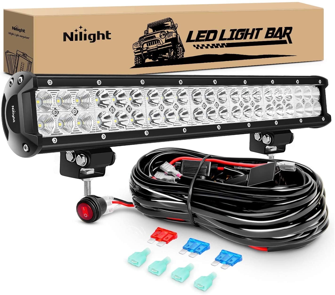 Nilight LED Light Bar 20 Inch 126W Spot Flood Combo Led Off Road Lights with 16AWG Wiring Harness Kit-One Lead