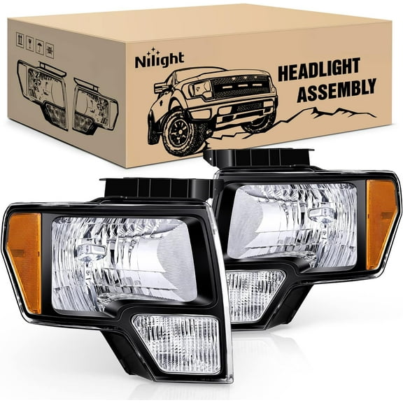 Nilight 2009 2010 2011 2012 2013 2014 F150 Headlight Assembly Black Housing Amber Corner Clear Lens Driver and Passenger Side Headlamp Replacement 2 Pack