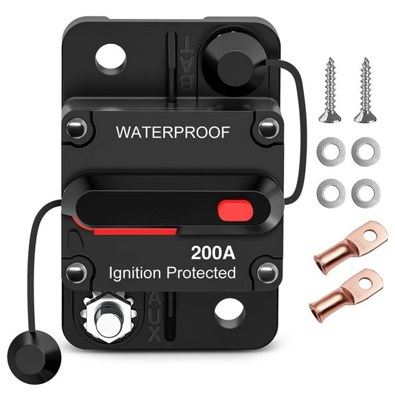 Nilight 200A Circuit Breaker Resettable 12-48V DC Manual Reset w/Copper Wire Lugs Surface Mount Overload Protection for Car Audio Sound Amplifier System RV Marine Boat Truck