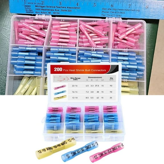 Heat Shrink Butt Connectors Kit - Waterproof Electrical Splice Crimp Terminal for Automotive Wiring - Marine Grade Heat Shrink Wire Connectors Set (200Pcs)