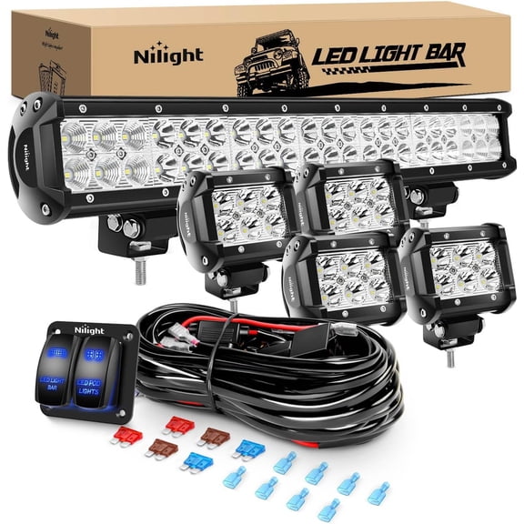 Nilight 20Inch 126W Spot Flood Combo Led Light Bar 4PCS 4Inch 18W Spot LED Pods Fog Lights with LED Light Bar Wiring Harness Kit for Truck Tractor Off-Road Pickup Golf Cart SUV ATV UTV 4x4 Van Camper