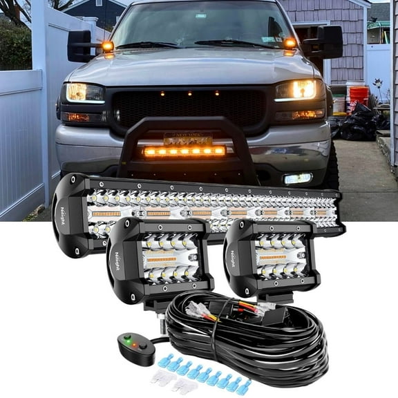 Nilight 20inch 420W Led Light Bar 2Pcs 4inch 60W Light Pods Amber White Strobe 6 Modes Memory Function Reset Function off Road Truck with 16AWG Wiring Harness Kit-3 Lead