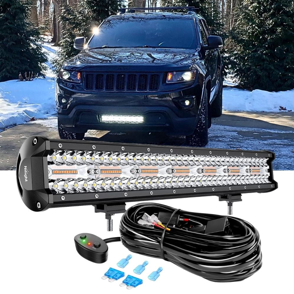 Nilight 20inch 420W Led Light Bar Spot Flood Amber White Strobe 6 Modes with Memory Function Off-Road Truck Car ATV SUV Cabin Boat with 16AWG Wiring Harness Kit-1 Lead