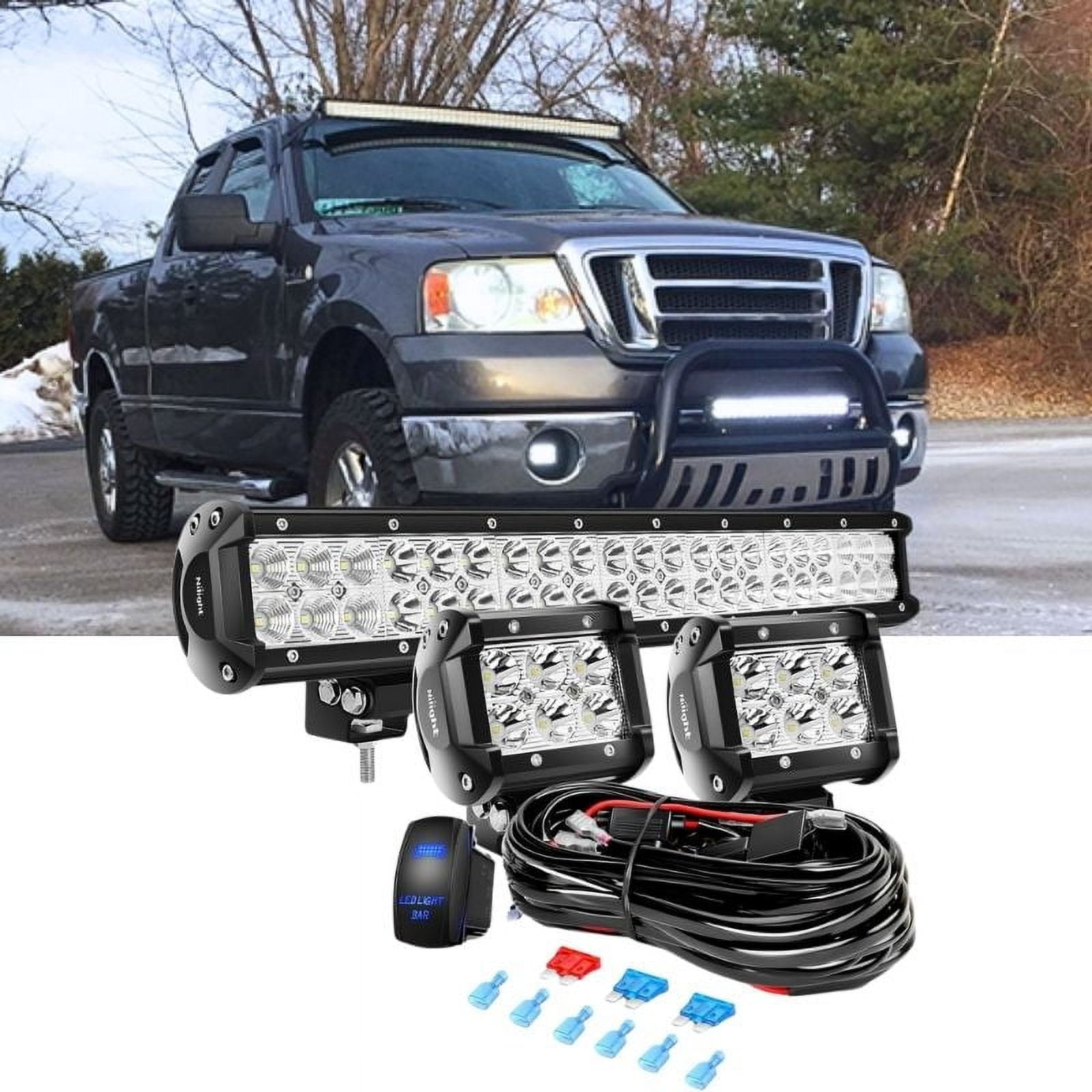 Nilight 20inch126W Led Light Bar Spot Flood Combo 2Pcs 4inch 18W Led Pods Flood Boat Lights Driving Fog Lights Work Light for Trucks With 16AWG off Road Wiring Harness- 3 Leads