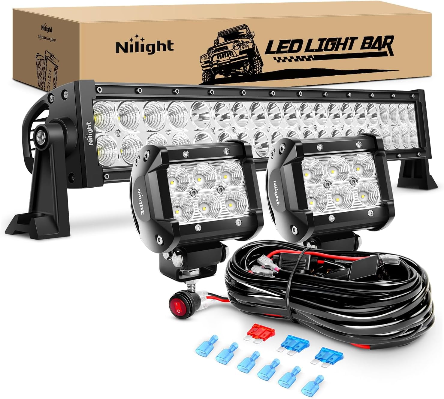Nilight 22" 120W Spot Flood Combo Led Light Bar 2PCS 4" 18W Flood LED Pods Fog Lights with 16AWG Wiring Harness Kit-2 Leads