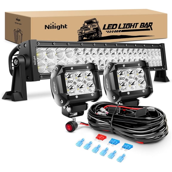 Nilight 22 Inch 120W Spot Flood Combo Led Light Bar 2PCS 4 Inch 18W Spot LED Driving Lights, Off Road Wiring Harness, 2 years Warranty