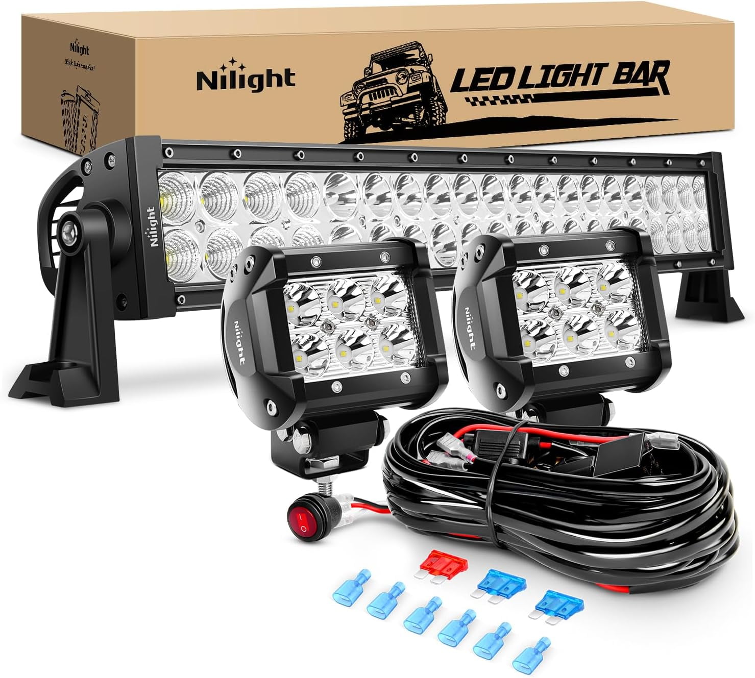 Nilight  22inch 120W Spot Flood Combo Led Light Bar 2PCS 4inch 18W Spot LED Pods Fog Lights with 16AWG Wiring Harness Kit-2 Leads