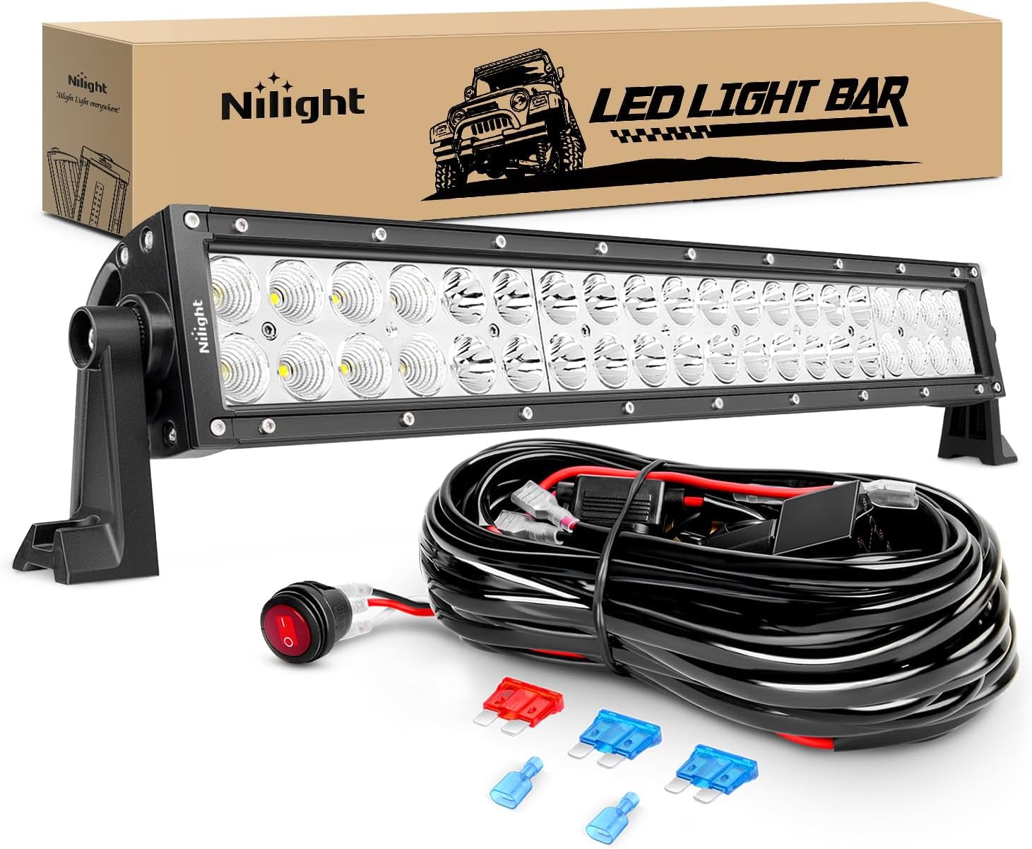 Nilight 22Inch 120W Spot Flood Combo Bar Led Off Road Lights with 16AWG Wiring Harness Kit