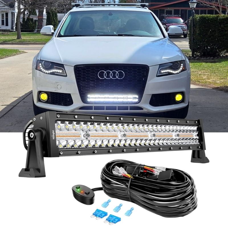Nilight 22inch 480W Led Light Bar Spot Flood Amber White Strobe 6 Modes Memory Function Reset Function Off-Road Truck Car ATV SUV Cabin Boat with 16AWG Wiring Harness Kit-1 Lead