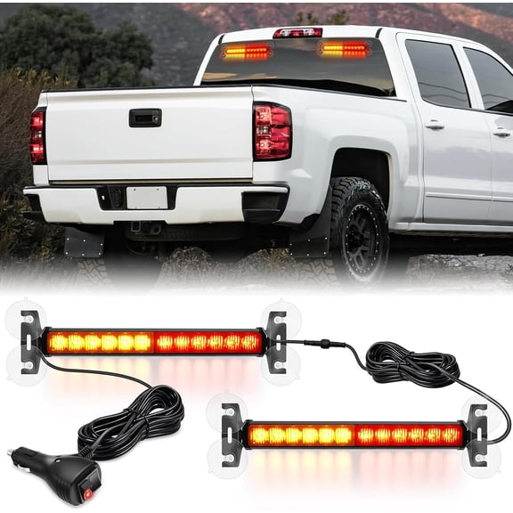 Nilight 24-LED Amber/Red Windshield Strobe Warning Light Bars, 2-Piece Traffic Advisor with 30 Patterns, Suction Cup Mount, 12V-24V for Work Trucks, Tow Trucks, Snowplows