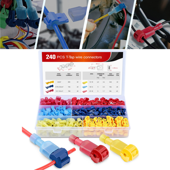Nilight 240PCS T-Tap Wire Connectors Kit, Self-Stripping Quick Splice Terminals with Fully Insulated Male Disconnects for Automotive and Electrical Wiring