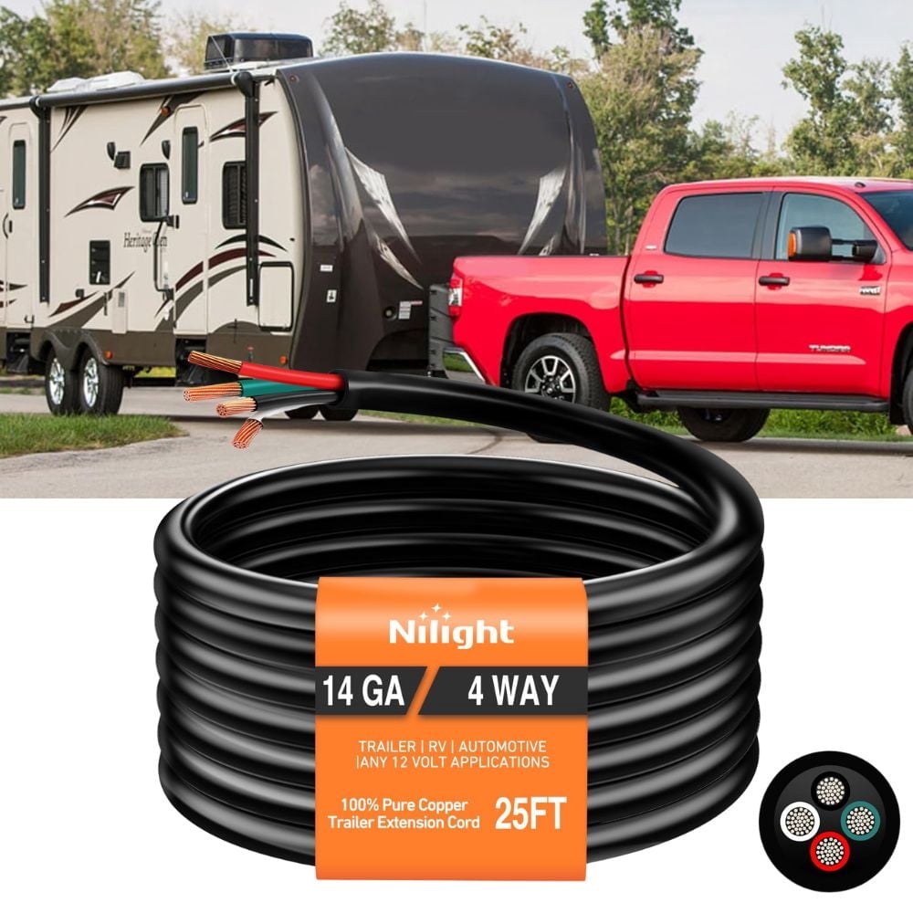 Nilight 25 Feet 4 Way Trailer Wire Extension Cable 14 Gauge 4 Conductor 100% Pure Copper Insulated Heavy Duty Water-Resistant for 4 Pin Blade RV Automotive
