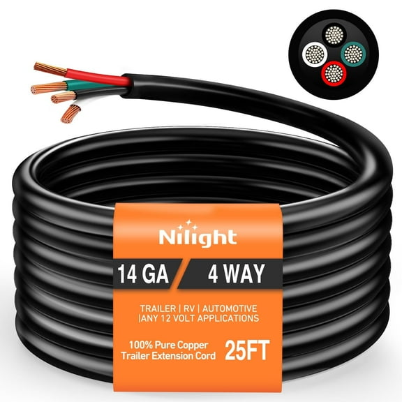 Nilight 25 Feet 4 Way Trailer Wire Extension Cable 14 Gauge 4 Conductor