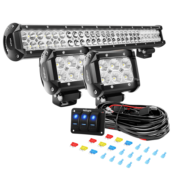 Nilight 25 Inch LED Light Bar with 4 Inch 2PCS LED Pod Lights and 3 Gang Rocker Switch Panel, Off-Road Driving Lights Kit for Trucks, Pickups, SUVs, Jeeps and UTVs