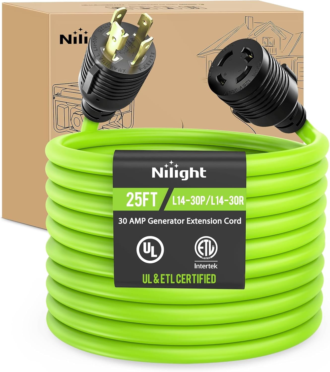 Nilight 25FT 30Amp Generator Extension Cord 125V Heavy Duty 10/3 Gauge Pure Copper STW Wire UL ETL Listed 4 Prong L14-30P L14-30R Weatherproof Suit for Camper Outdoor Use Bright Green