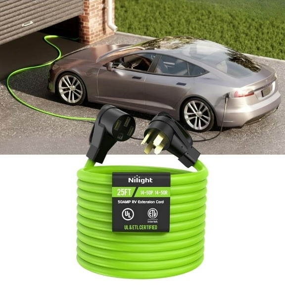 Nilight 25FT 50 Amp RV Extension Cord 250V Heavy Duty 6/3+8/1 Gauge Pure Copper STW Wire UL ETL Listed 4 Prong 14-50P 14-50R Weatherproof Suit for EV Charging Trailer Campers Bright Green