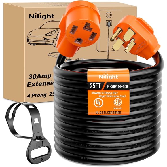 Nilight 25FT EV Dryer Extension Cord 4 Prong 30 Amp NEMA 14-30P 14-30R Old Dryer Extension Cable Heavy Duty 10 Gauge Pure Copper Wire UL Listed 125/250V for Level 2 EV Charging