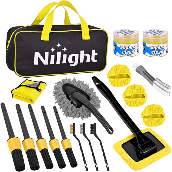 Nilight 27PCS Car Detailing Kit Auto Cleaning Tools Wash Set with Storage Carry Bag Home Use for Interior Exterior Deep Clean Polish Car Care Windshield Dashboard Seat Air Vents Wheels Tires, Yellow