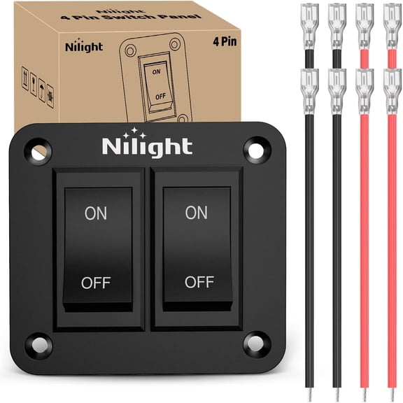 Nilight 2Gang on-off Switch Panel 4 PIN DPST Toggle Switch Panel 12V 20A Black Anodized Aluminium Switch Shell Bracket with Screws Ternimals Jumper Wires Set for Cars Trailers Boats RV Camper