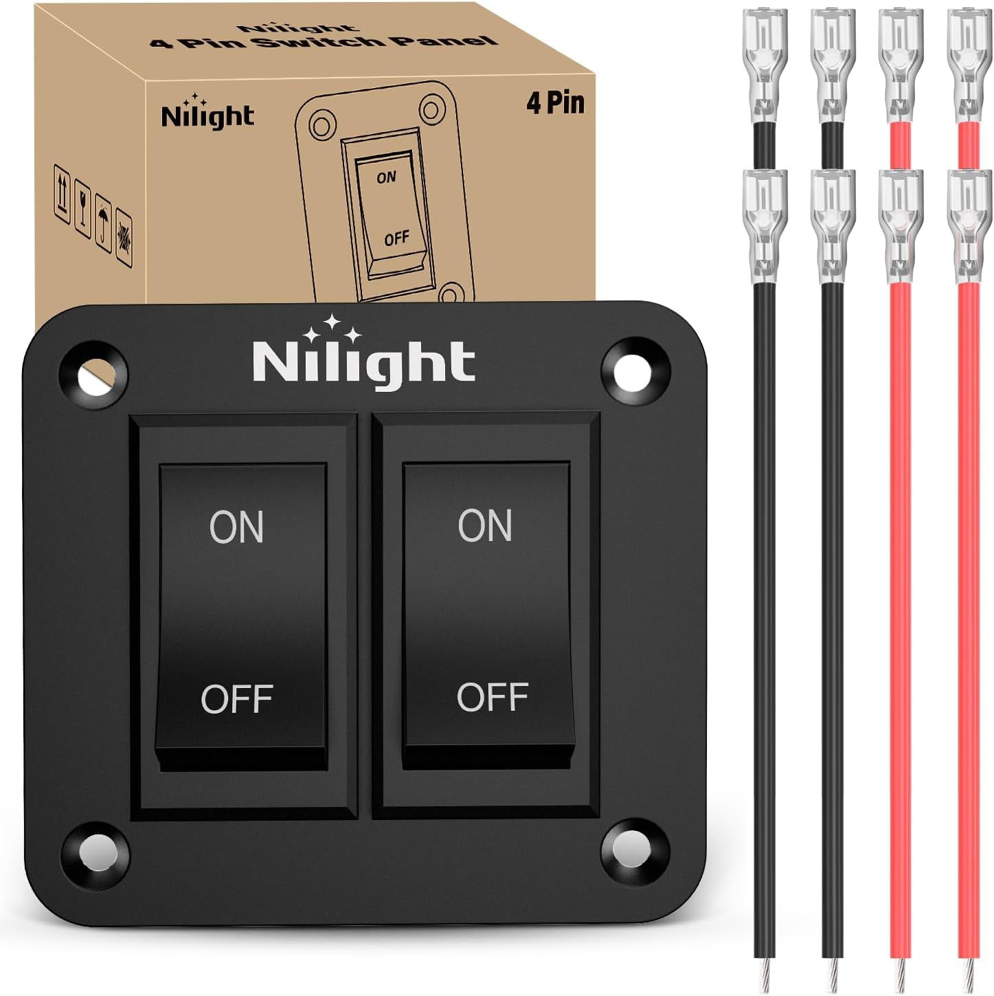 Nilight 2Gang on-off Switch Panel 4 PIN DPST Toggle Switch Panel 12V 20A Black Anodized Aluminium Switch Shell Bracket with Screws Ternimals Jumper Wires Set for Cars Trailers Boats RV Camper
