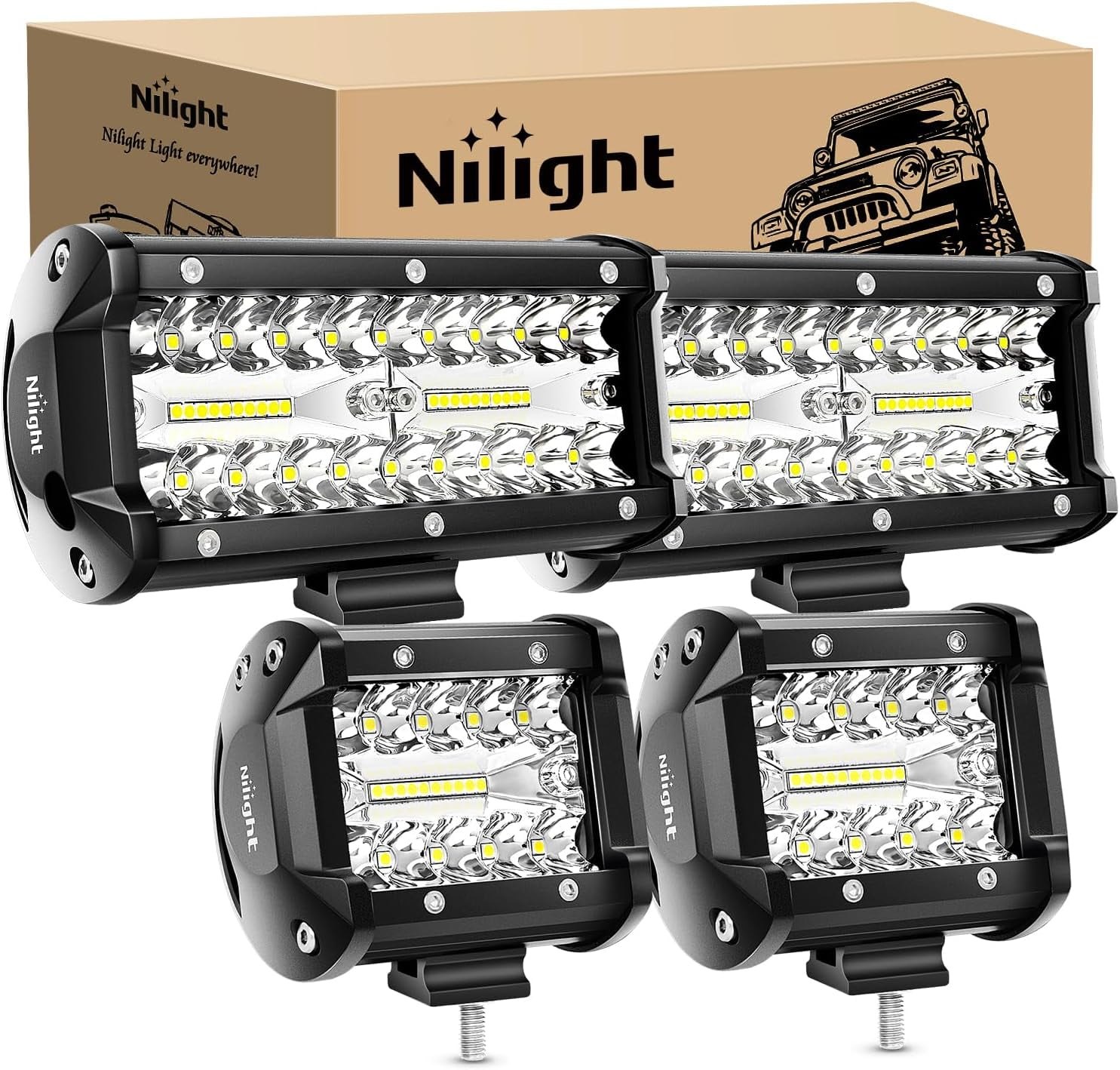 Nilight 2PC 4Inch Triple Row Led Light Pods 60W Flood Spot Combo 6000LM 2Pcs 6.5 Inch 120W Triple Row Light Bar Flood Spot Combo 12000LM Driving Boat Off Road Trucks Lights