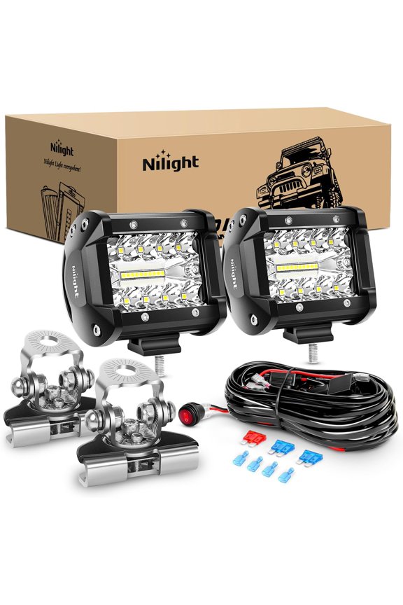 2PC 4Inch Triple Row Lights 60W Flood Spot Combo 6000LM Bar Driving Boat Led Off Road Trucks with Adjustable Pillar Hood Mount Bracket Clamp Holder and Wiring Harness Kit