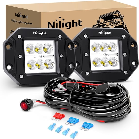 Nilight 2PCS 18W Flood Flush Mount LED Work Light Fog Lights Off Road Lights Driving Lights With Off Road Wiring Harness, 2 Years Warranty