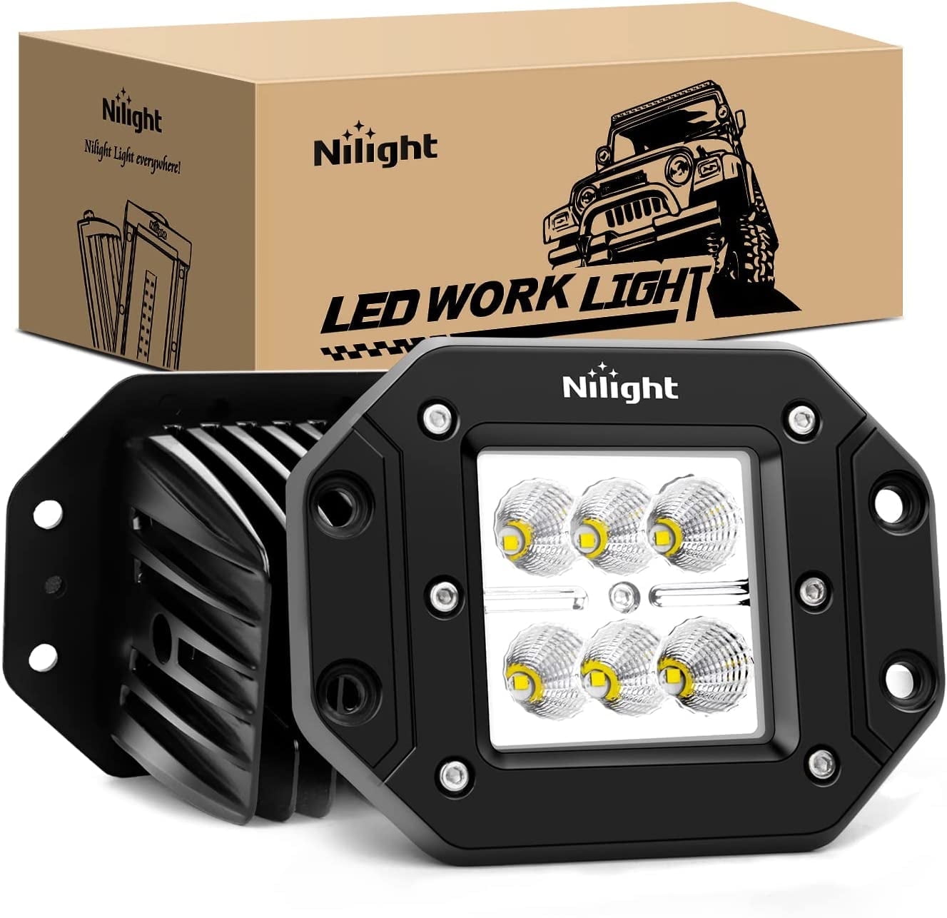 Nilight 2PCS 18W Flood LED Work Light Driving Lights Led Light Bar Off Road Led Lights Flush Mount for Jeep Truck Tacoma Bumper ATV UTV