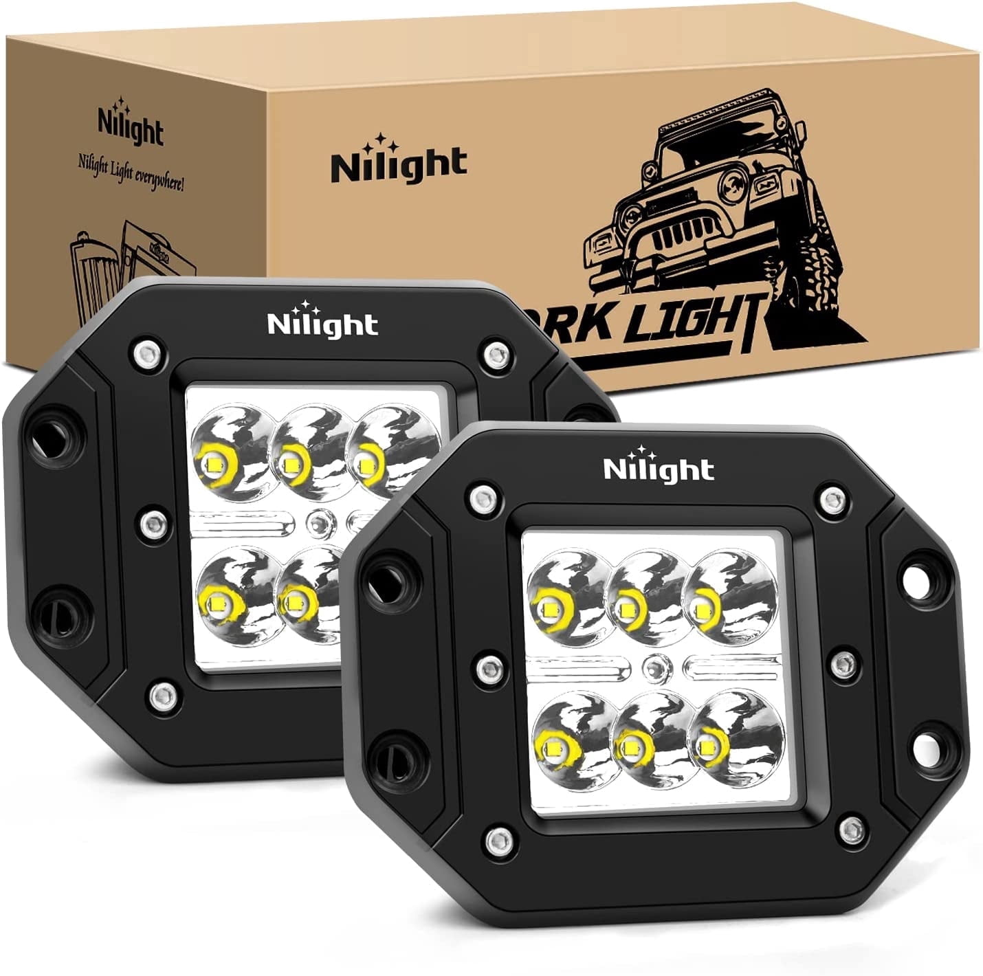 Nilight 2Pcs 18W Spot LED Work Light Driving Lights Led Light Bar Off Road Led Lights Flush Mount for Truck Tacoma Bumper ATV UTV