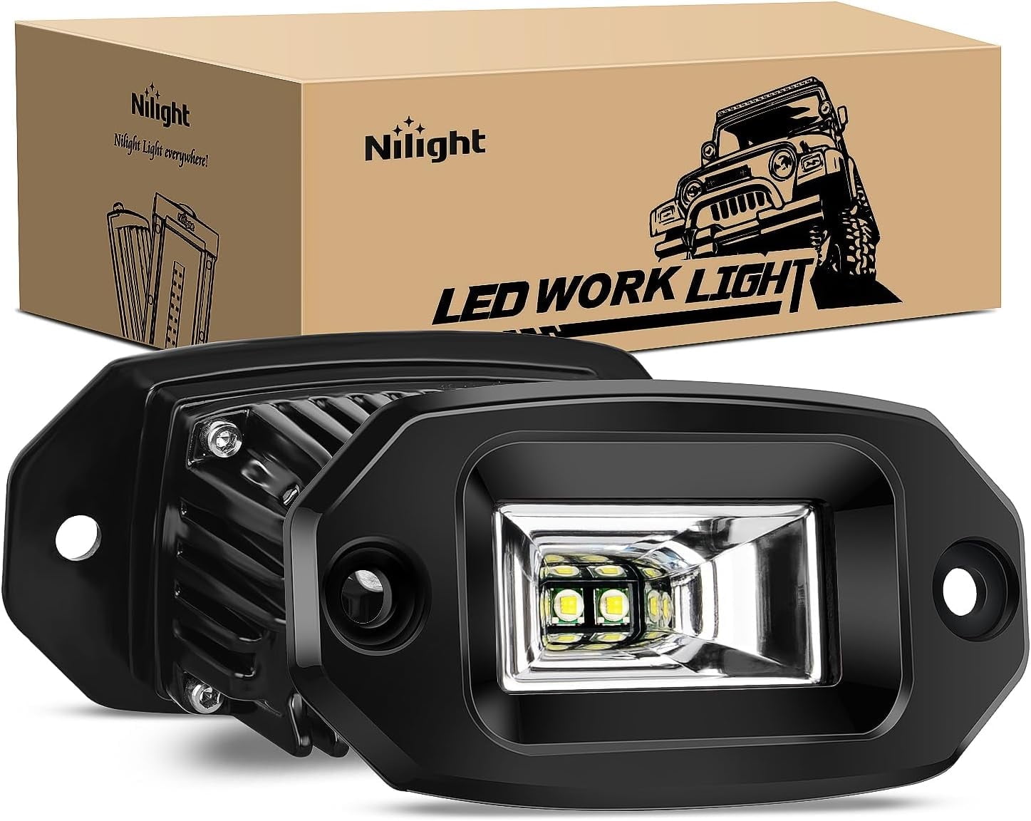 Nilight 2PCS 20W Flush Mount LED Pods Flood Beam LED Work Light Offroad Fog Reverse Light Backup Lights Driving Lights for Bumper Truck ATV UTV SUV Boat