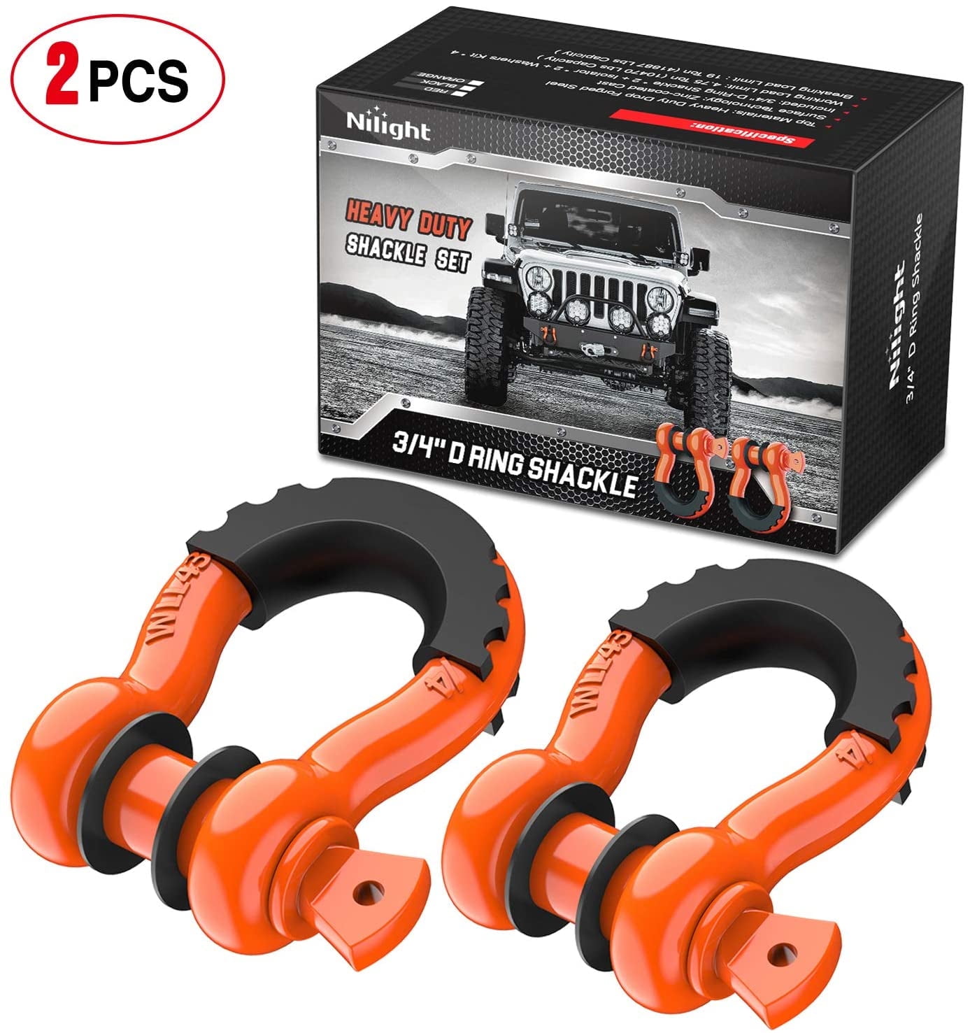 Nilight 2PCS 3/4" D-Ring Shackles 7/8'' Pin Black Isolator Washers Kit 4.5t For Jeep Truck Bumper