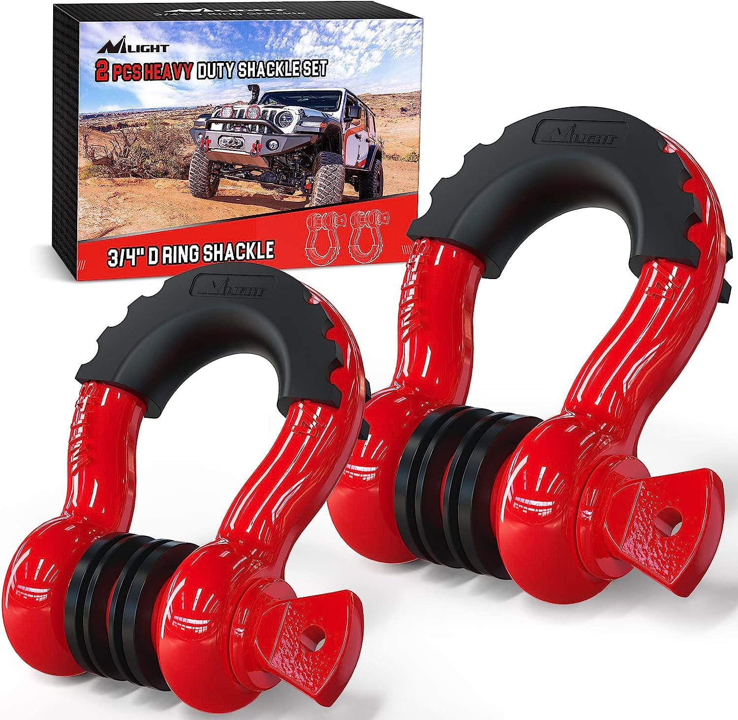 Nilight 2 Pack 3/4" D-Ring Shackle 4.75 Ton (9500 Lbs) Capacity with 7/8" Pin Heavy Duty Off Road Recovery Shackle with Isolators & Washer Kit for Jeep Truck Vehicle, Red