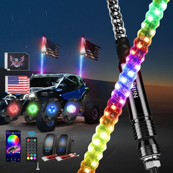 Nilight 2PCS 3FT RGB LED Whip Light and 4 PCS Rock Lights Combo, Remote & App Control w/DIY Chasing Patterns Stop Turn Reverse Safety Antenna Lighted Whips for ATV UTV