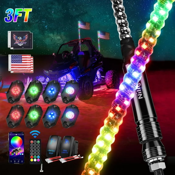 Nilight 2PCS 3FT RGB LED Whip Light and 8 PCS Rock Lights Combo, Remote & App Control w/DIY Chasing Patterns Stop Turn Reverse Safety Antenna Lighted Whips for ATV UTV