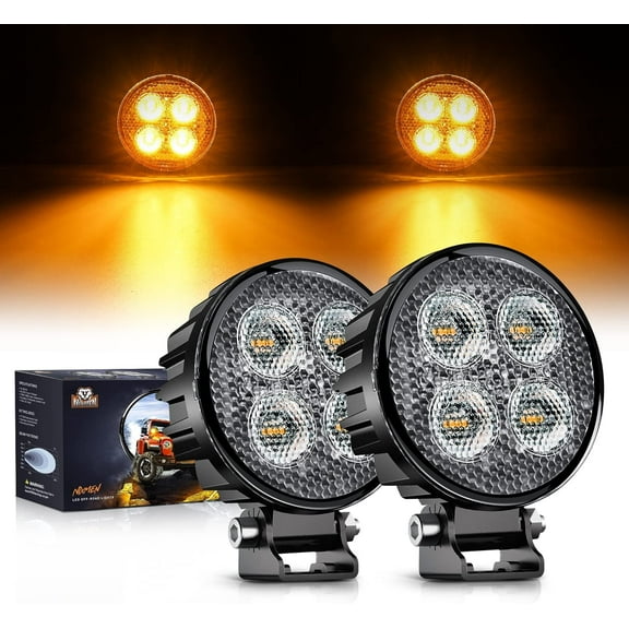 Nilight 2PCS 3Inch 12W Amber Round LED Yellow Work Pods Driving Light 90° Flood Beam Built-in EMC Offroad Side Fog Lights for Tractor Truck Motorcycle Boat SUV ATV UTV, 5 Years Warranty