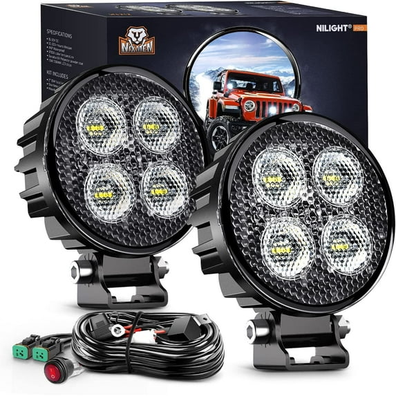 Nilight 2PCS 3Inch Led Pods Round 1500LM Built-in EMC Work Light 90° Flood Beam Angle for Offroad Lights Side Light w/ 16AWG DT Wiring Kit for Tractor Truck Boat ATV UTV, 2 Years Warranty
