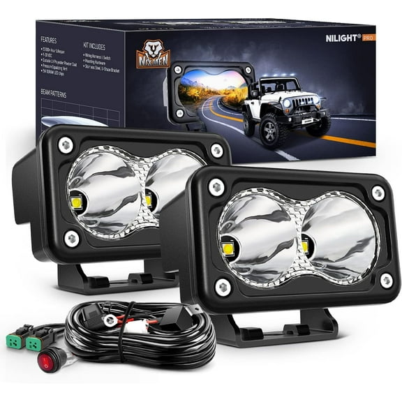 Nilight 2PCS 3Inch Motorcycle Led Pods 1300LM Built-in EMC Driving Light Super Spotlight Offroad Fog Light w/ 16AWG DT Wiring Kit for Motorbike SUV ATV Truck Boat Tractor Forklift, 5 Years Warranty