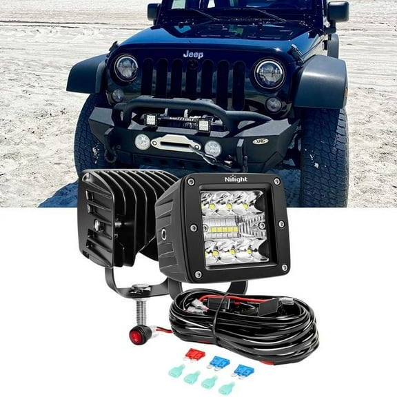 Nilight 2PCS 3inch 42W Led Pods Led Cubes Upgraded Spot Flood Combo Beam Square Driving Backup Reverse Light Grill Mount Light with Wiring Harness Kit -2 leads
