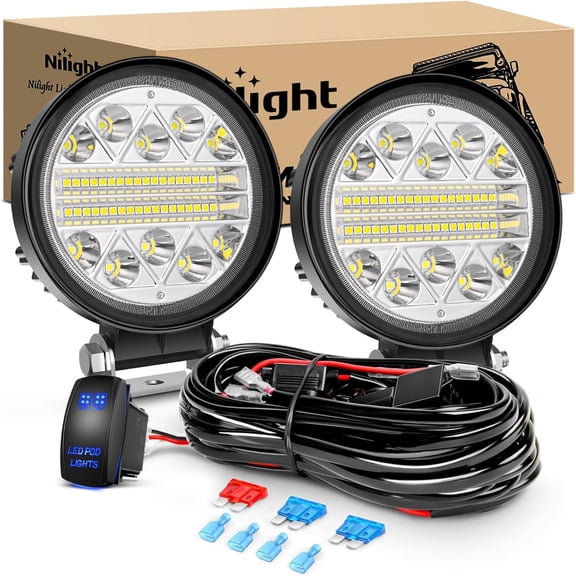 Nilight 2PCS 4.5 Inch LED Pods 69W Round Spot Flood Combo Work Lights Off-Road Driving Lights Truck Car Pickup ATV SUV Cabin Boat with 12V 5Pin Rocker Switch 16AWG Wiring Harness Kit-2 Leads