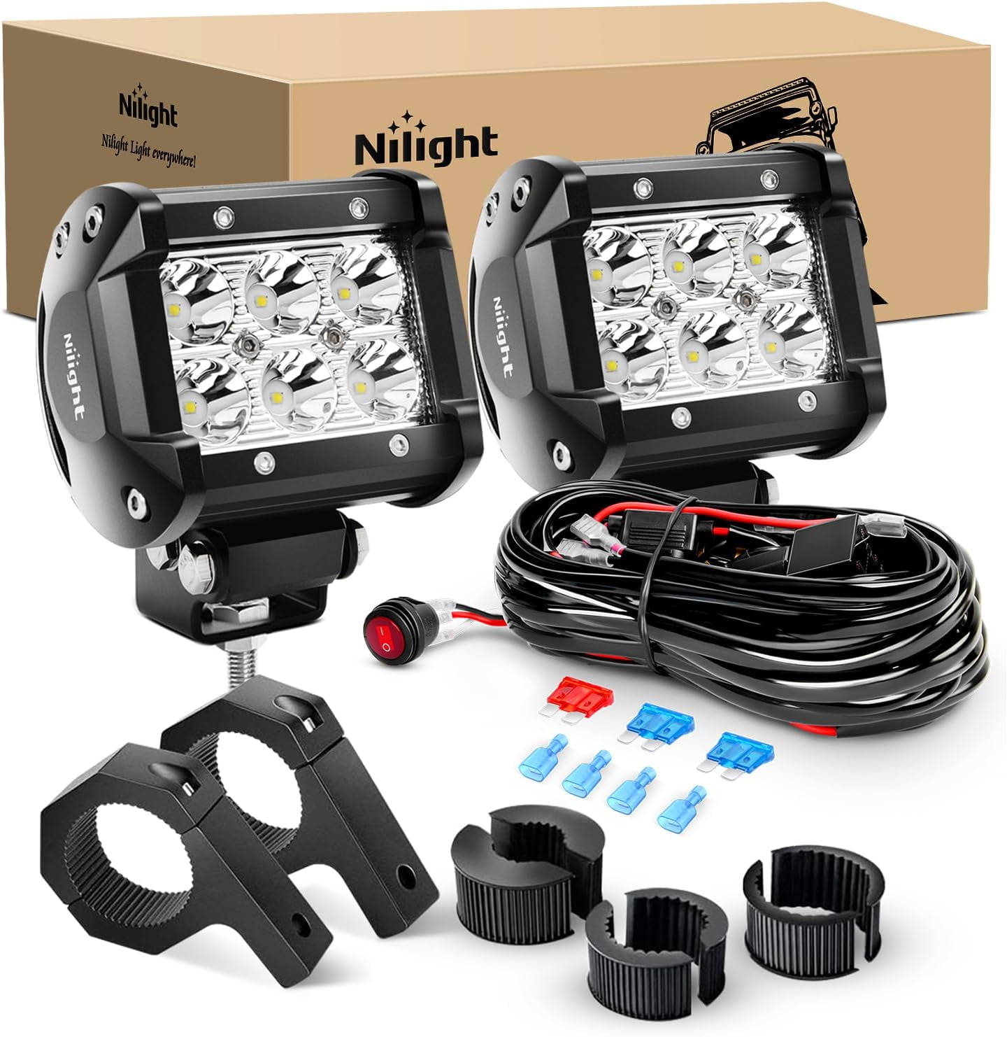 Nilight 2PCS 4 Inch 18W Spot LED Light Mounting Bracket Horizontal Bar Tube Clamp with Off Road Wiring Harness-2 Leads