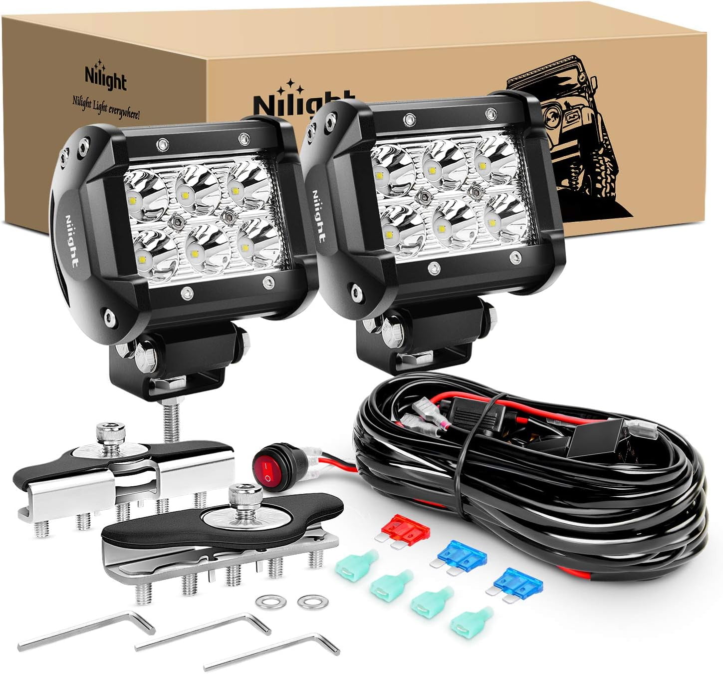 Nilight 2PCS 4 Inch 18W Spot led Pods Universal Adjustable Pillar Hood Led Work Light Mount Bracket with Off Road Wiring Harness-2 Leads