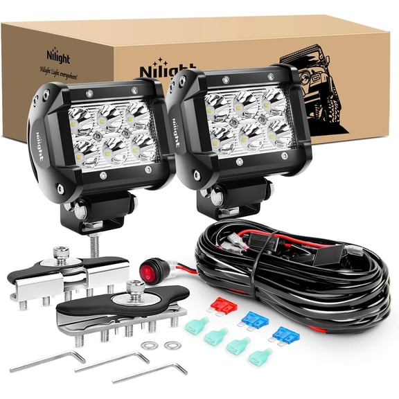 Nilight 2PCS 4 Inch 18W Spot led Pods Universal Adjustable Pillar Hood Led Work Light Mount Bracket with Off Road Wiring Harness-2 Leads