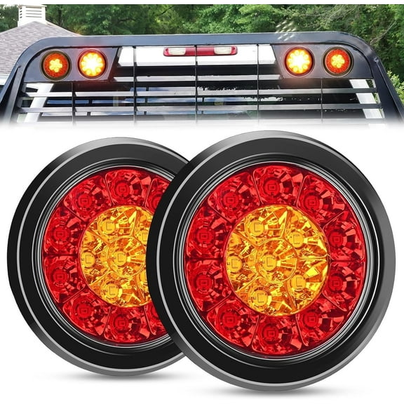 Nilight 2PCS 4 inch Round Red Amber LED Trailer Tail Lights 16LEDs w/Flush Mount Grommet IP67 Waterproof Stop Brake Turn Signal Running Tail Light for Trucks Trailer RV
